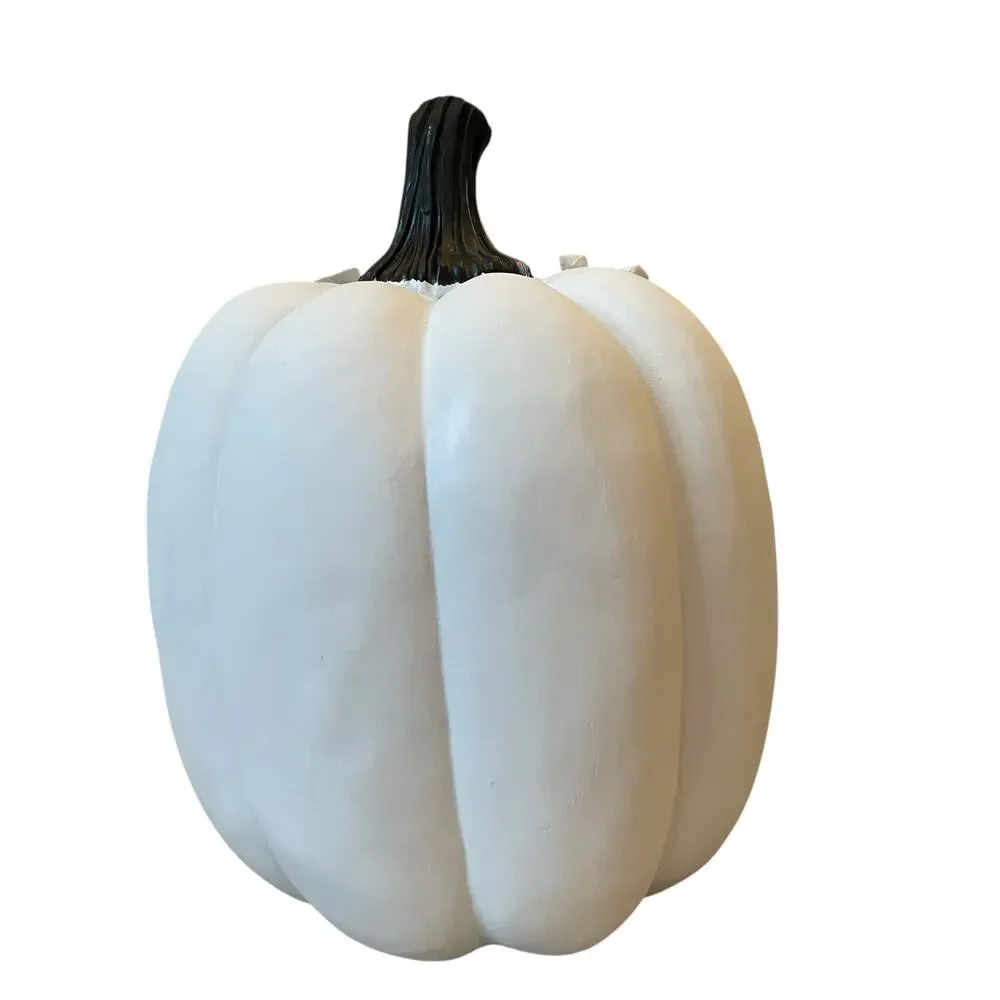Black Flying Bats White Resin Pumpkin 12in Hauntingly Chic Halloween Decor NEW